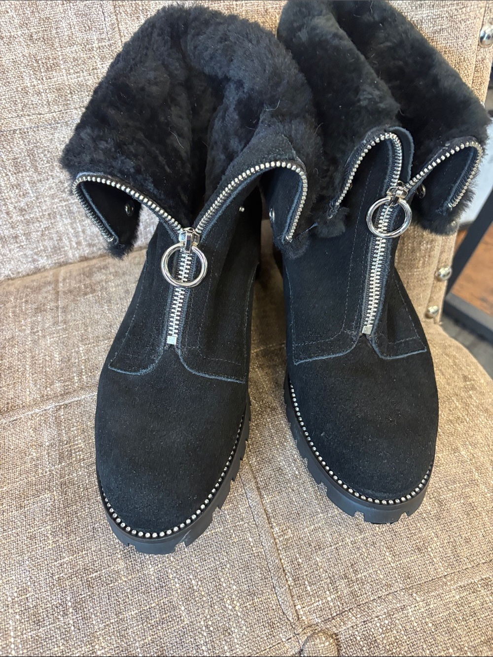 UGG Black Suede Shearling Zip-Front Ankle Boots with Ring Pull